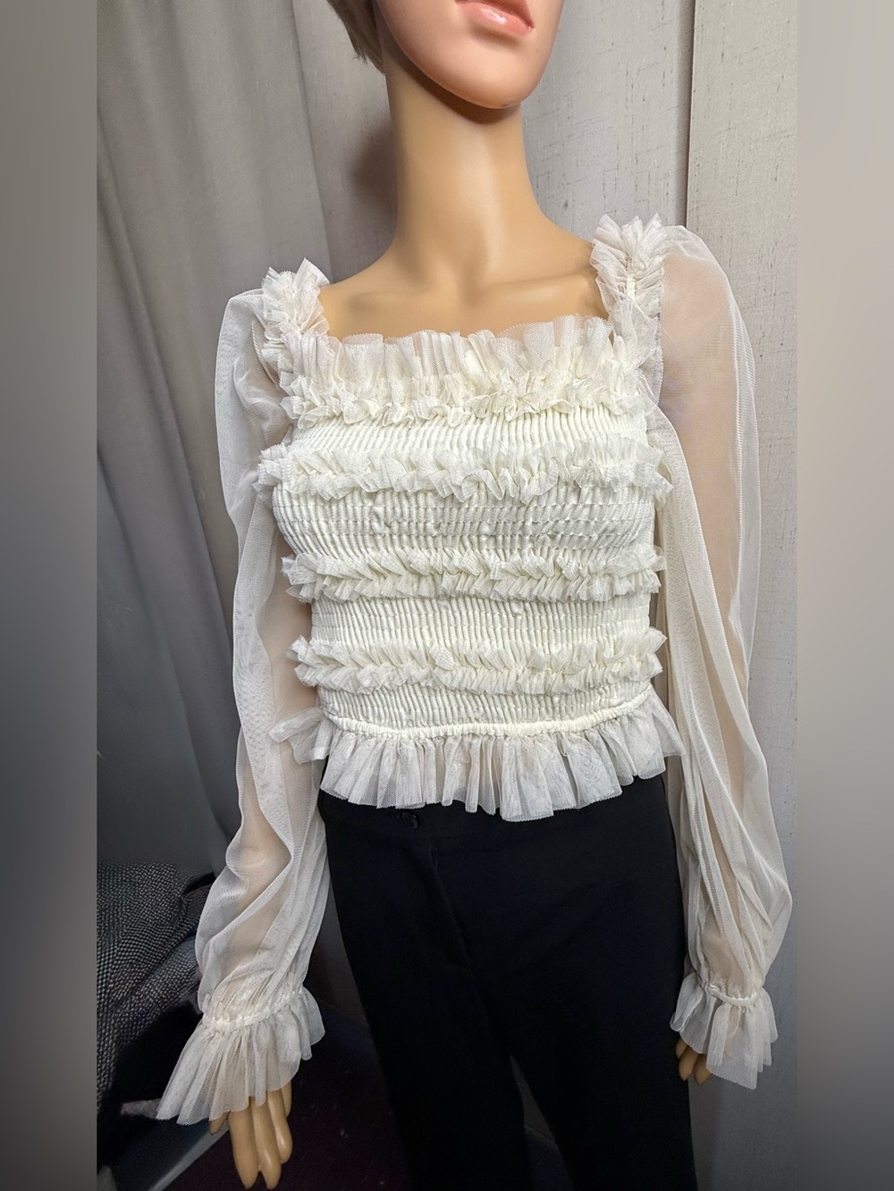 Mele E Pere cream color off the shoulder top with sheer sleeves. Sz. M